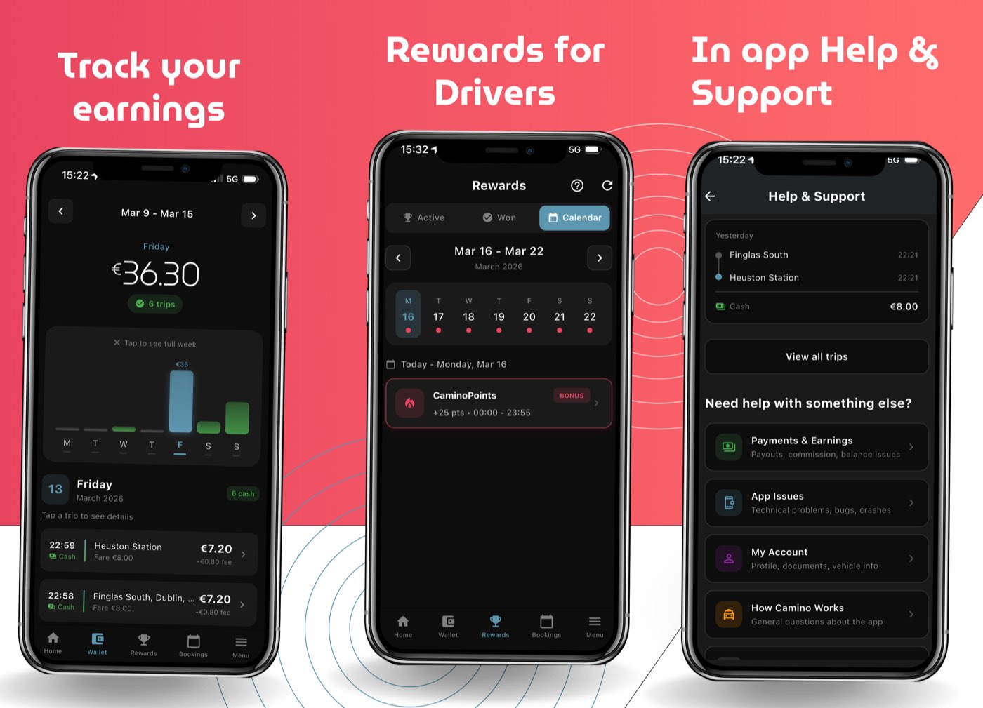 Camino Cabs driver app — earnings and rewards system