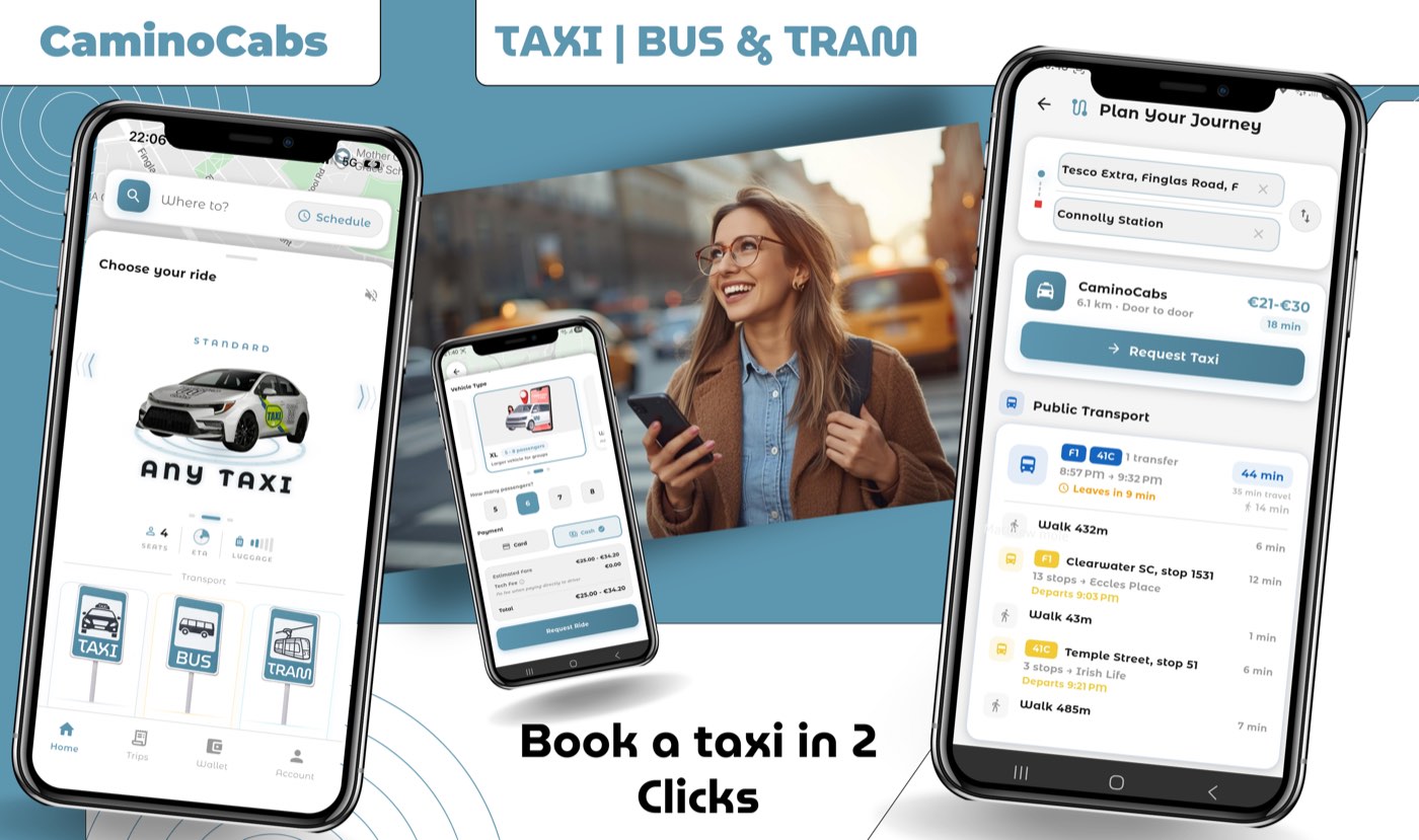 Camino Cabs passenger app on Android — booking screen