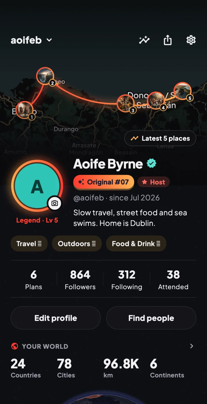 Pinfolk: perfil de un viajero con sus últimos lugares en un mapa, planes, seguidores y Your world